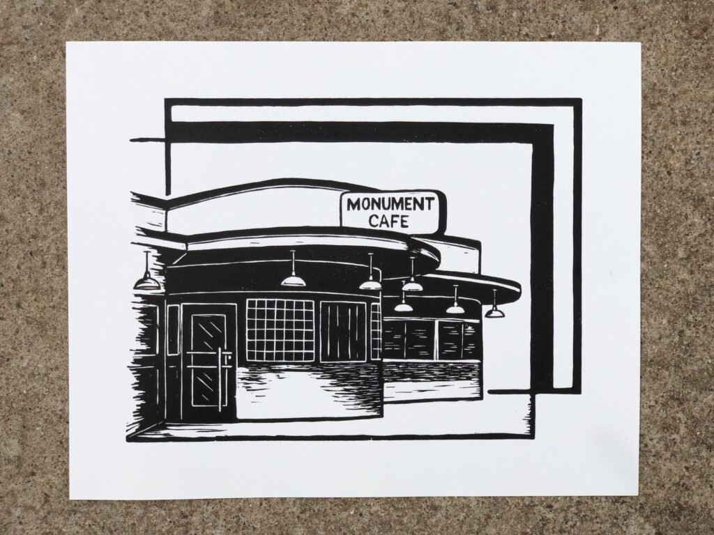 Monument Cafe - Hand Carved Linocut Print