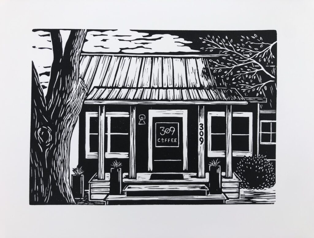 309 Coffee Shop - Hand Carved Linocut Print