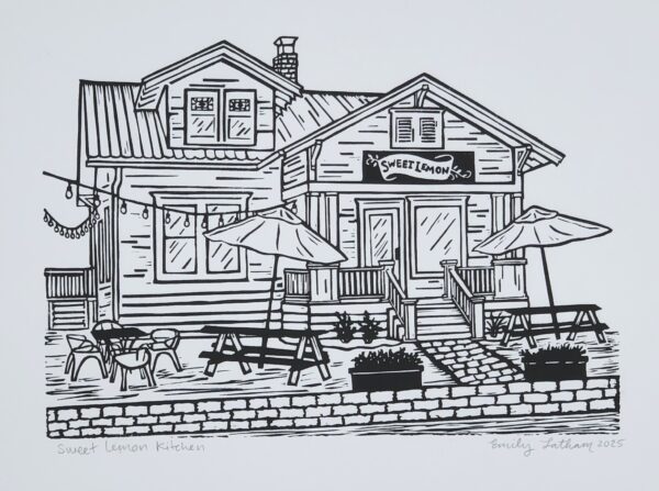 Sweet Lemon Kitchen - Black & White Linocut Print