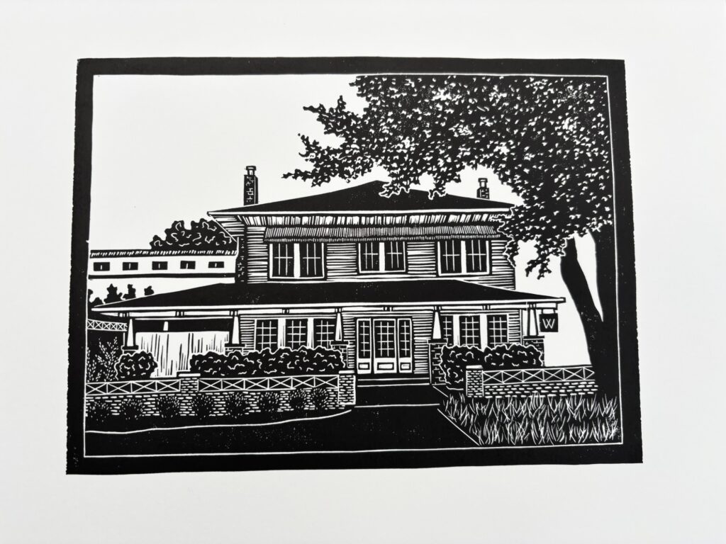 Wish Well House - Hand Carved Linocut Print